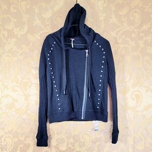 Free People Ring My Bells Moto Hooded Sweater Jacket Asymmetrical Zip Front